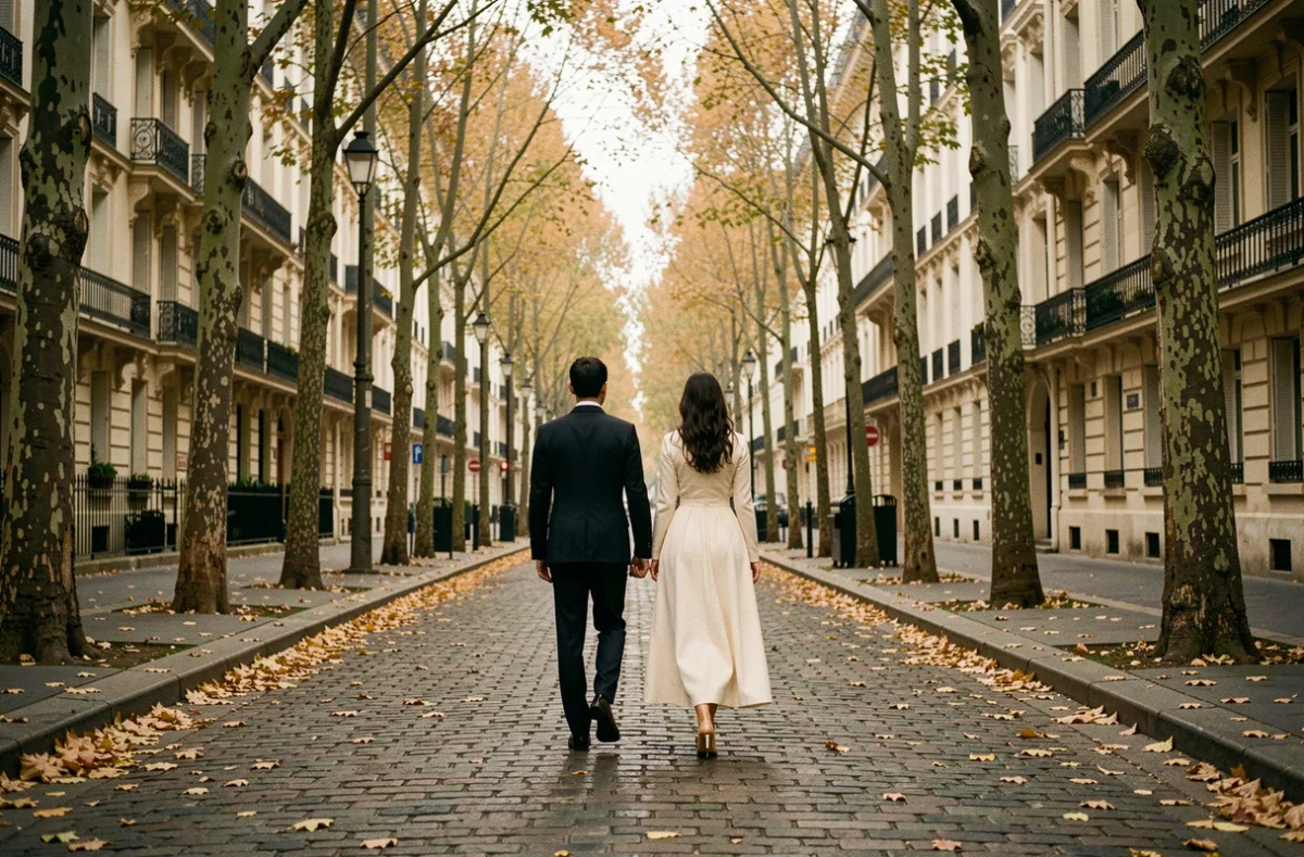 Couple anonyme de dos se promenant dans une avenue parisienne en automne, symbolisant la vie privée d'une personnalité publique