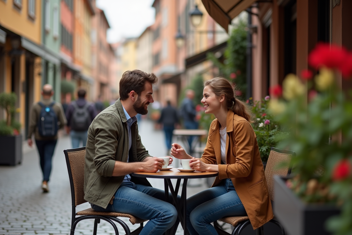 Couple en terrasse de café dans une vieille ville romantique