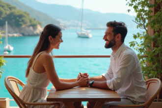 Jeune couple assis au café face à la mer turquoise