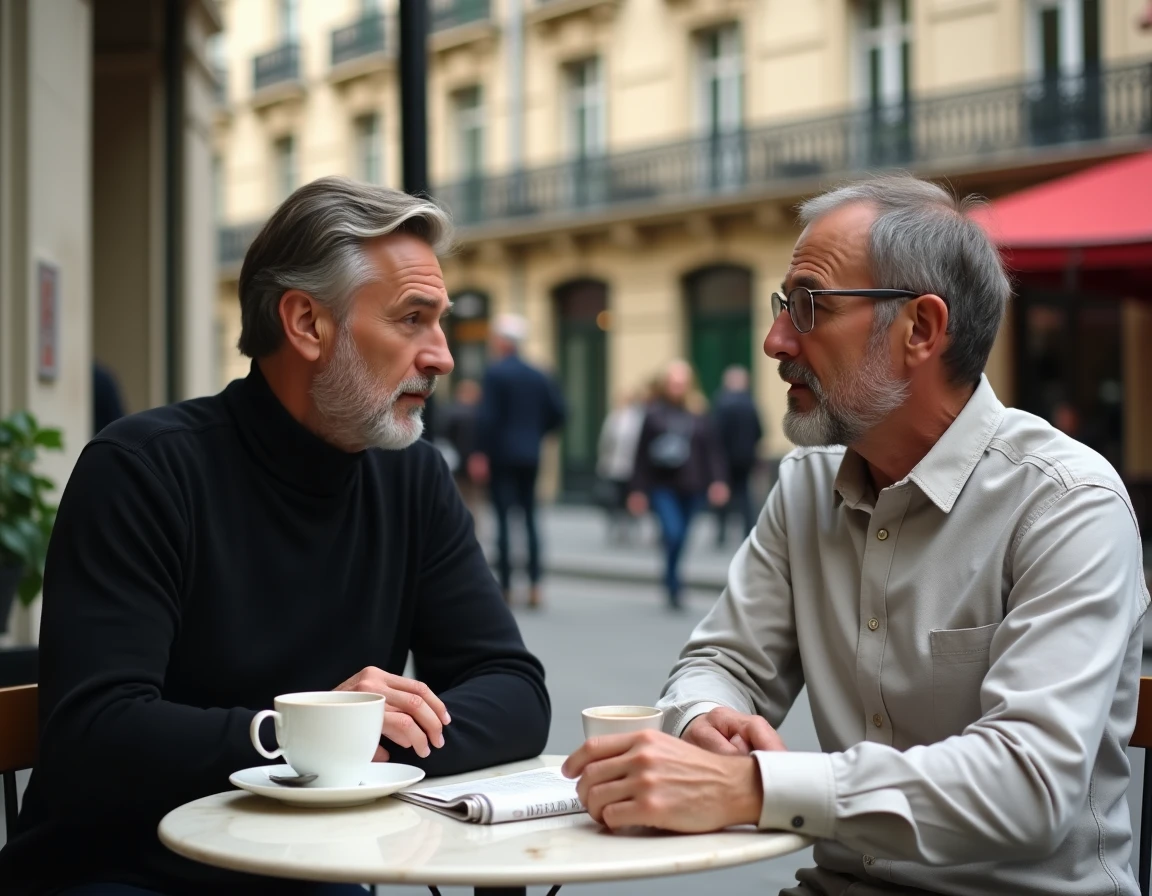 Deux hommes complices attablés dans un café parisien classique dans une atmosphère feutrée