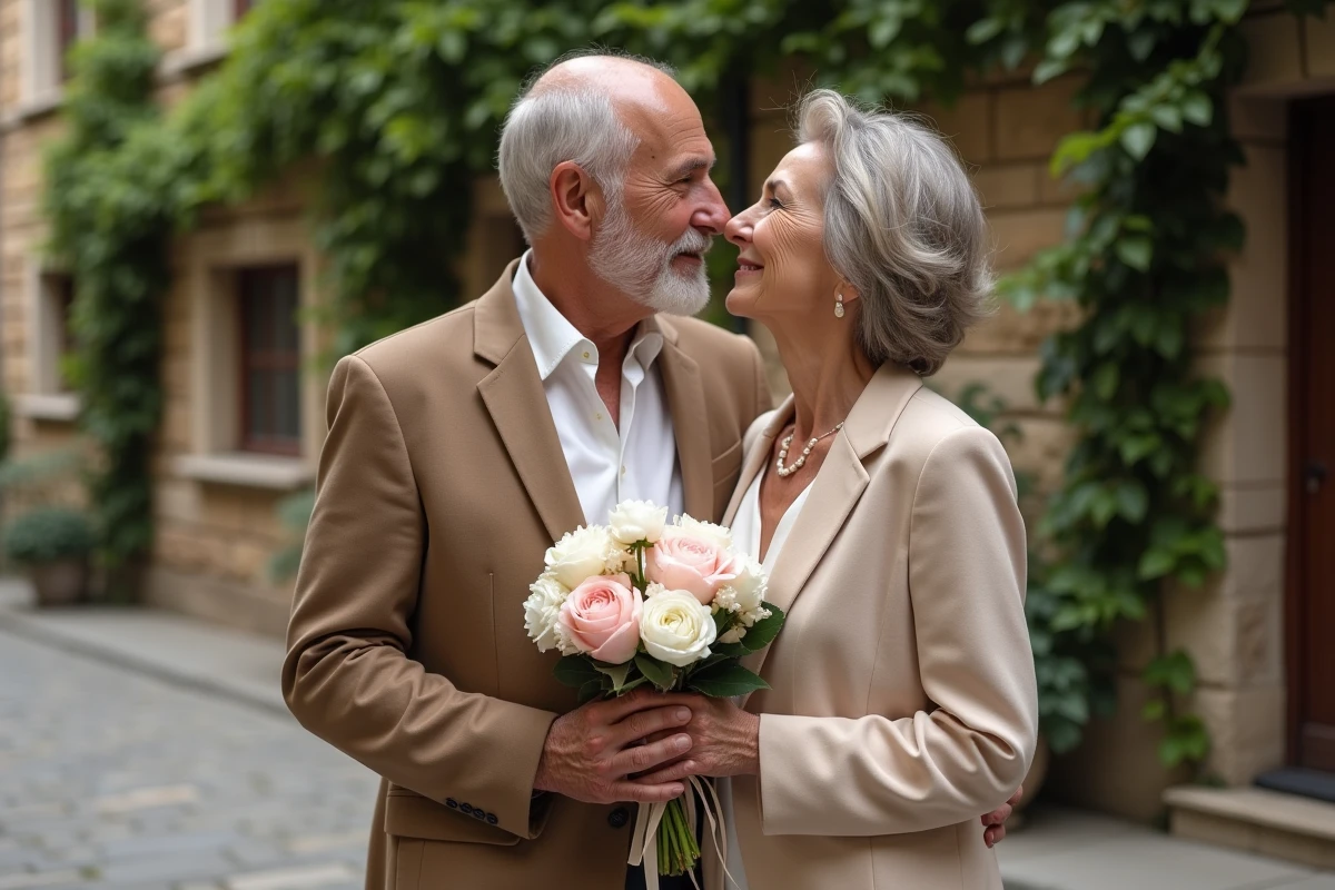 Couple élégant célébrant 36 ans de mariage avec un bouquet de pivoines enveloppé d'un ruban en mousseline dans une rue pavée
