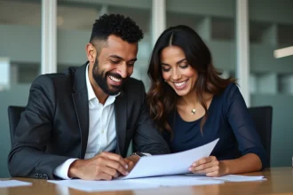 Couple souriant dans une administration française moderne