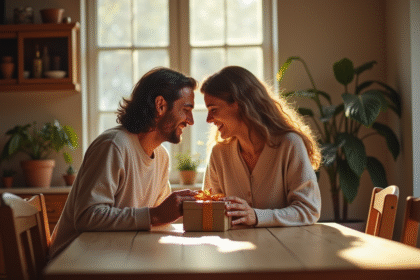 Couple échangeant des cadeaux faits main à une table en bois