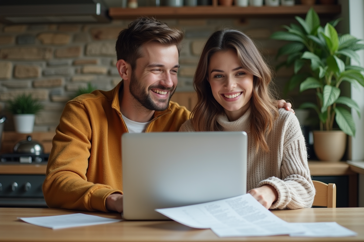 Jeune couple dans la cuisine regarde des reçus et un ordinateur