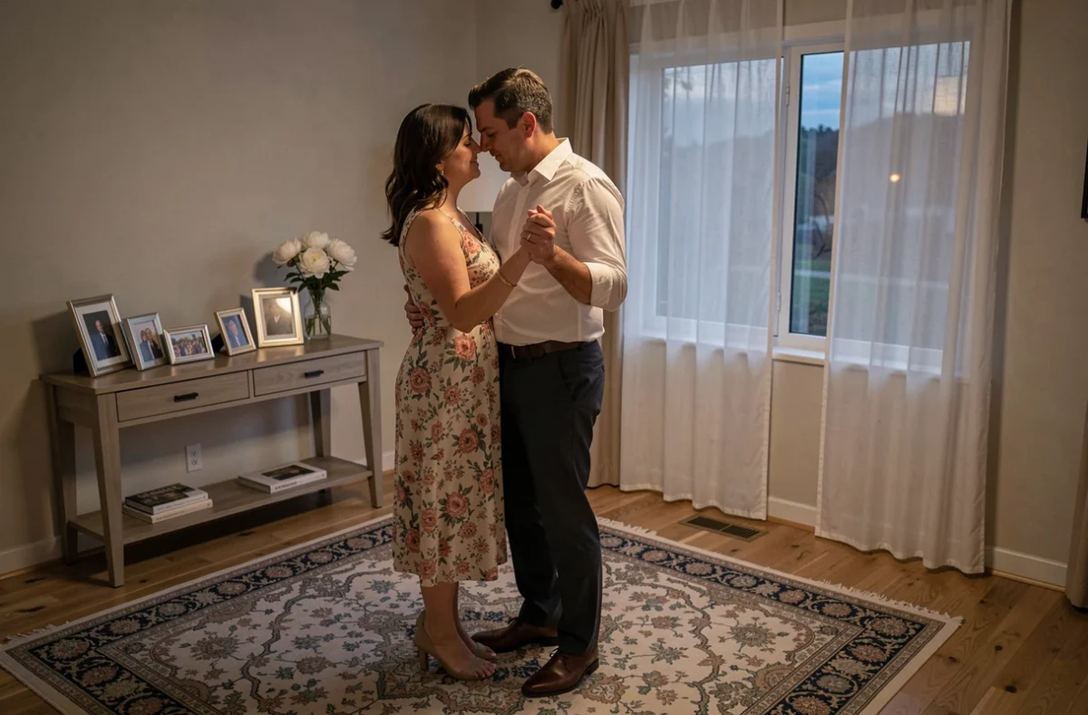 Couple dansant dans leur salon aménagé pour une soirée romantique à l'occasion de leurs 15 ans de mariage