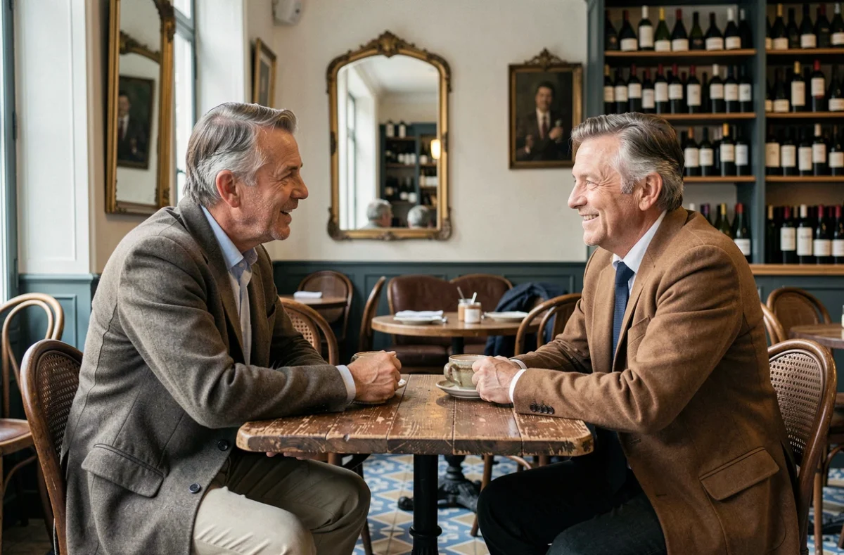 Deux hommes discutant avec complicité dans un café parisien au décor vintage et chaleureux