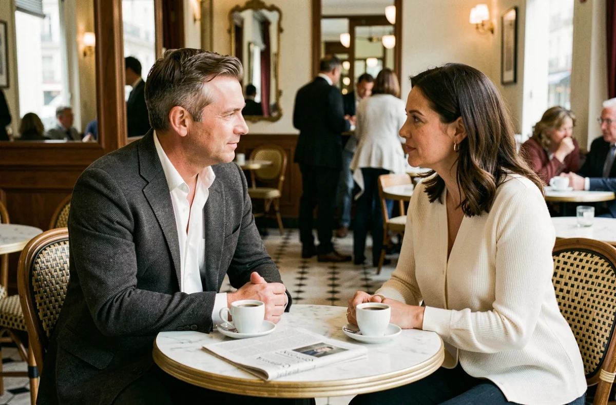 Couple élégant en discussion dans un café parisien, atmosphère journalistique et intimité publique