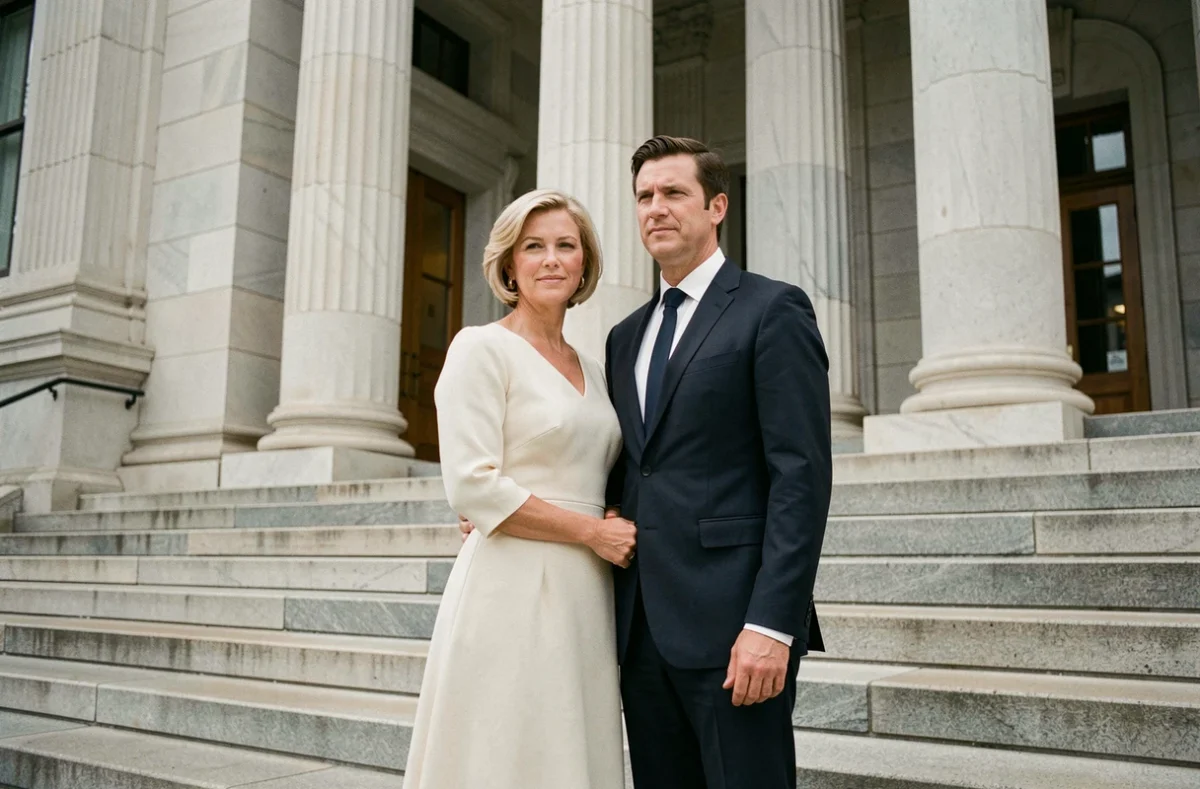 Couple élégant devant un bâtiment classique lors d'une cérémonie officielle