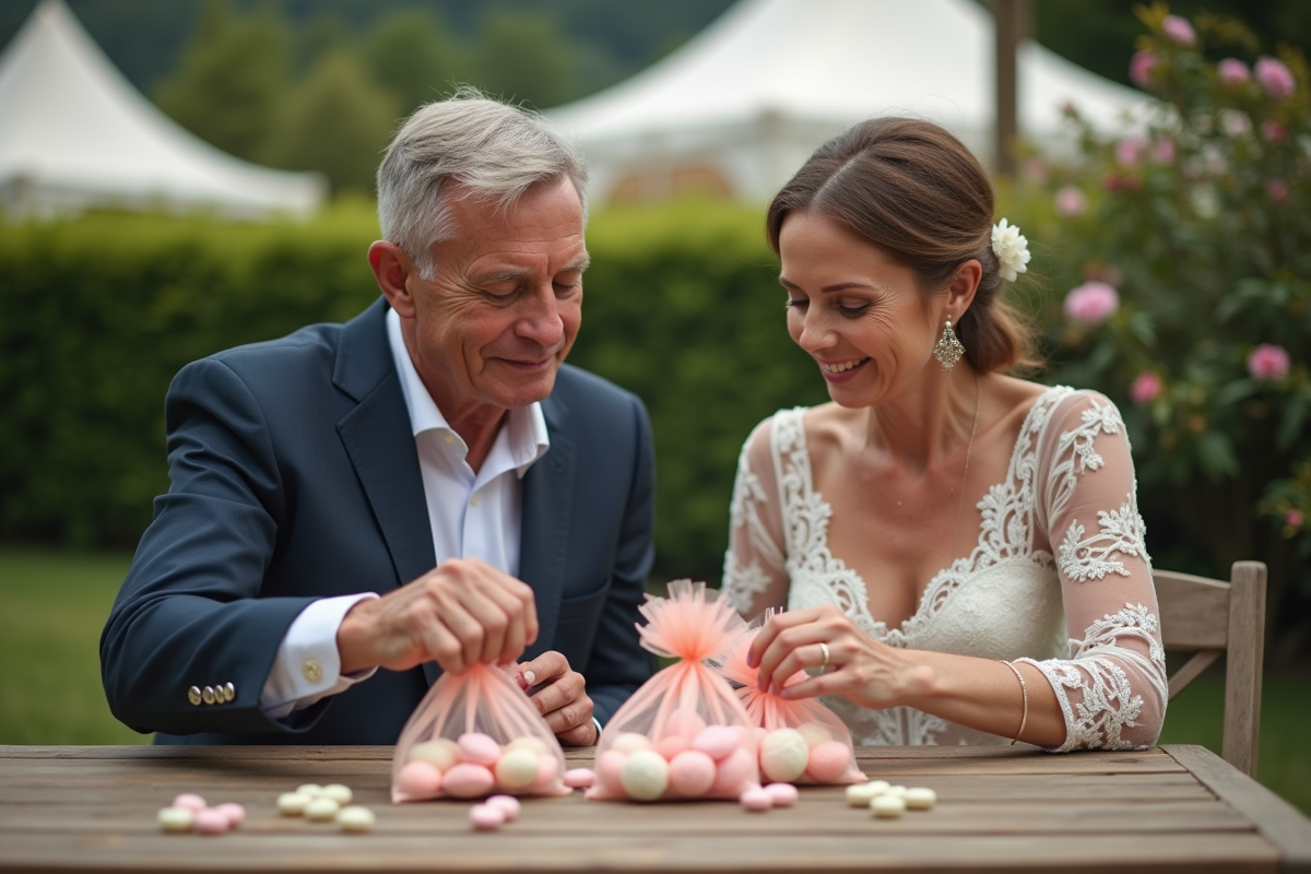 Couple mature remplissant dragées dans un jardin