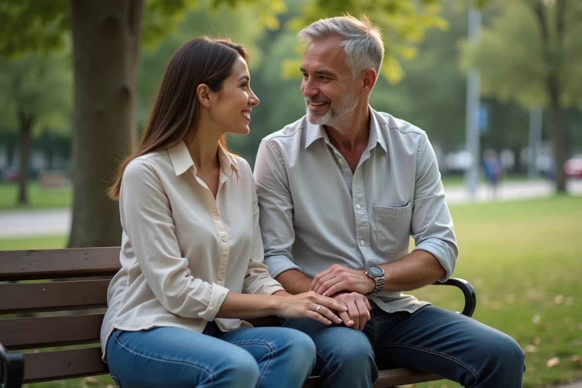 Homme regardant la bague de la femme sur un banc de parc urbain