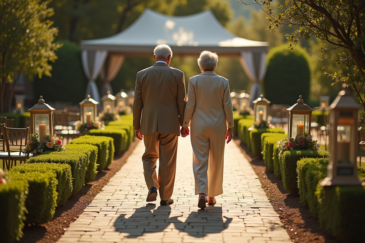 Couple âgé marchant main dans la main dans un jardin festif