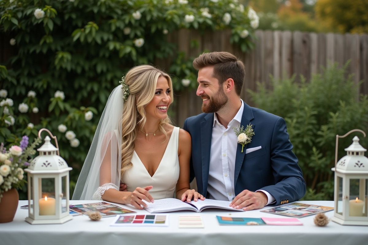 Couple en discussion avec échantillons de couleurs en extérieur