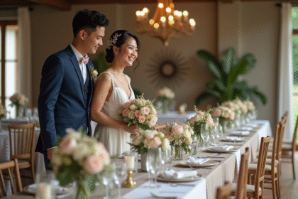 Couple souriant lors de la réception de mariage élégante