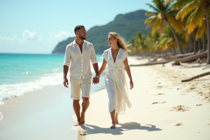 Jeune couple en linen marche sur plage de sable blanc