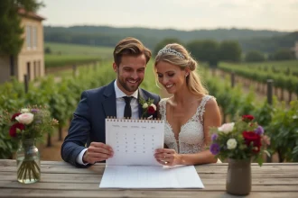Jeune couple souriant en mariage dans un vignoble girondin