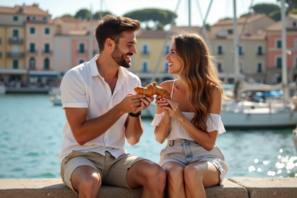 Jeune couple riant sur le port de Mille avec voiliers en arrière-plan
