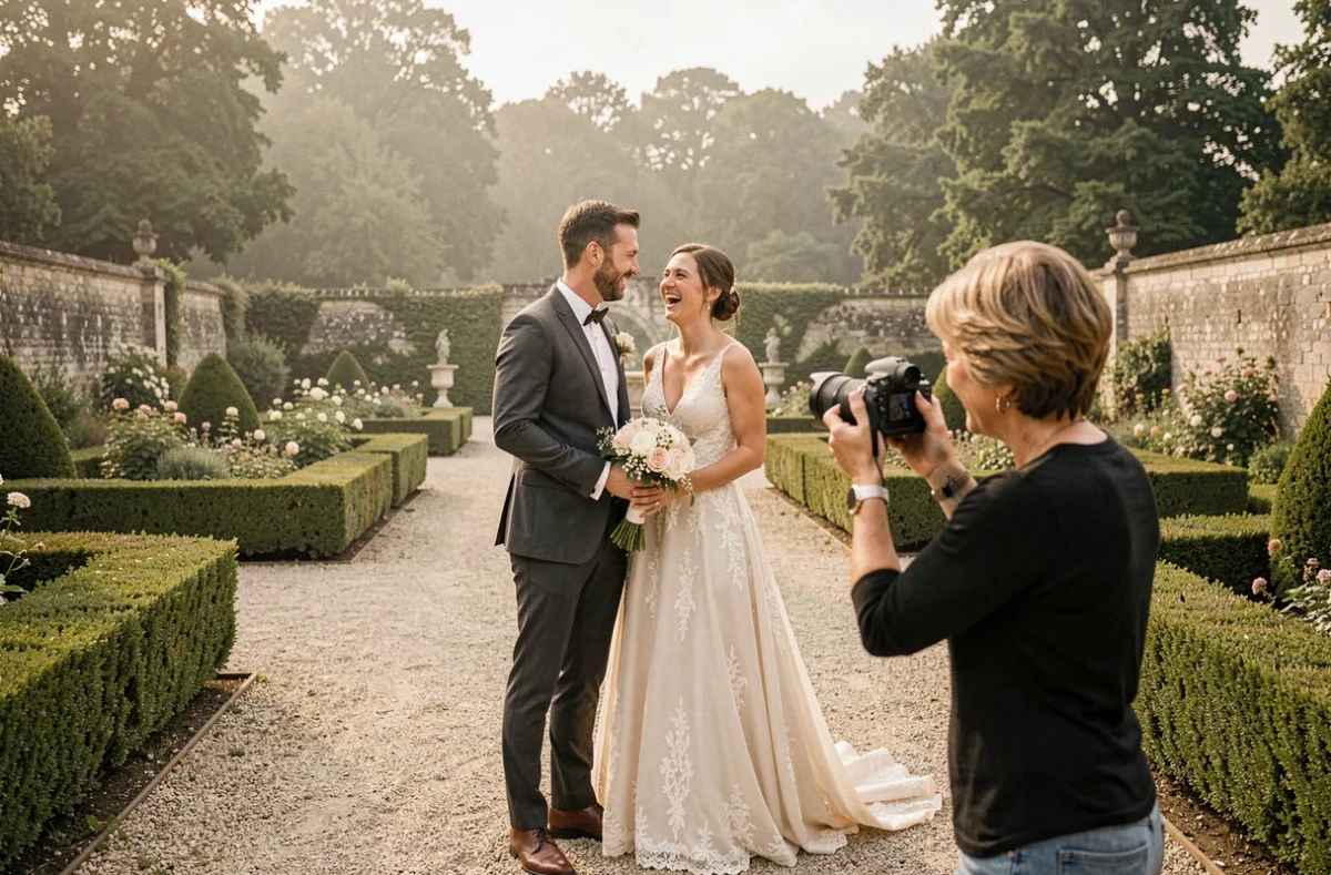 Photographe de mariage capturant un couple qui rit dans un jardin de château près de Cambrai