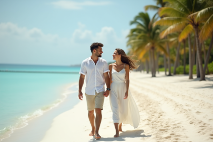 Jeune couple souriant sur une plage de sable blanc