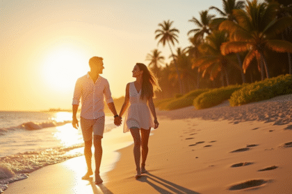 Couple heureux marchant sur la plage tropicale au coucher du soleil