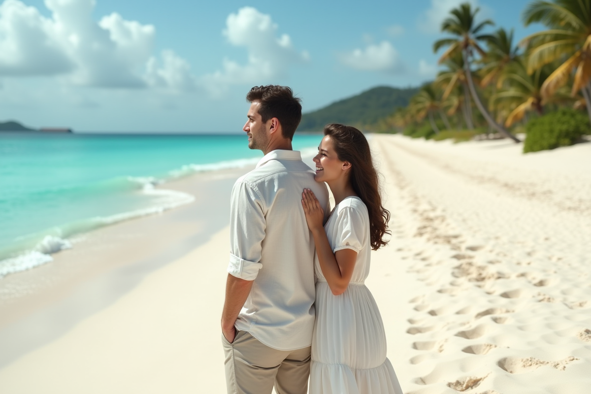 Jeune couple sur une plage tropicale en lune de miel