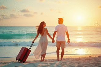 Couple main dans la main sur plage tropicale au coucher du soleil