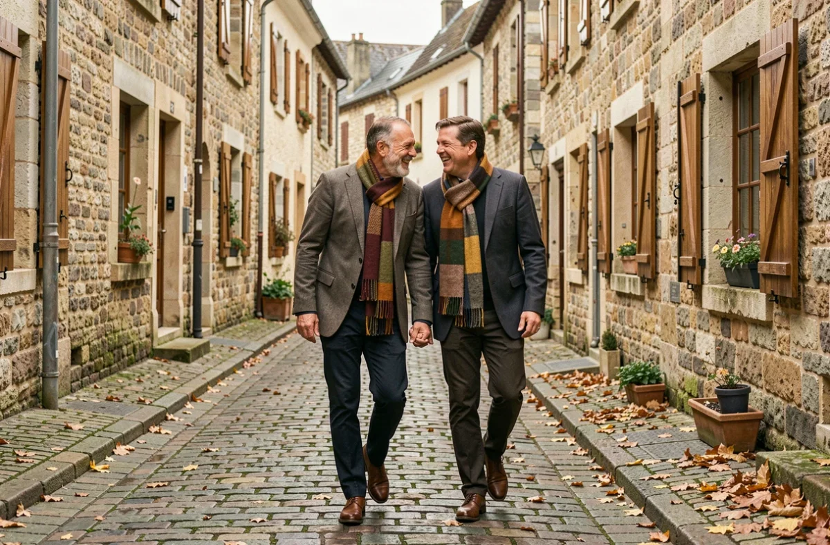 Couple de deux hommes marchant et riant dans une rue pavée d'un village français en automne