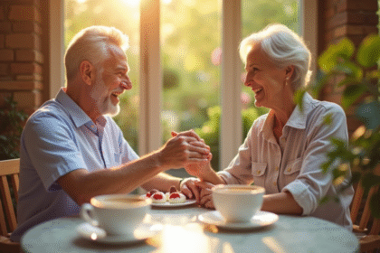 Couple mature main dans la main au café en plein air