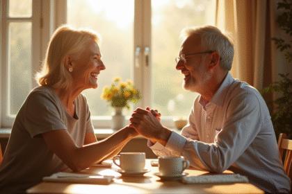 Couple d'âge moyen riant au petit déjeuner en lumière naturelle