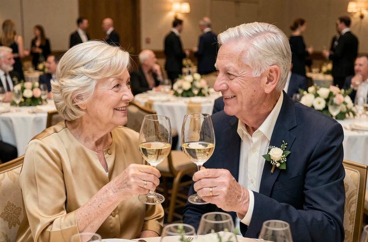 Portrait intime d'un couple de septuagénaires portant un toast lors de leur dîner de noces d'or, flûtes de vin blanc levées dans une salle de réception décorée en blanc et or