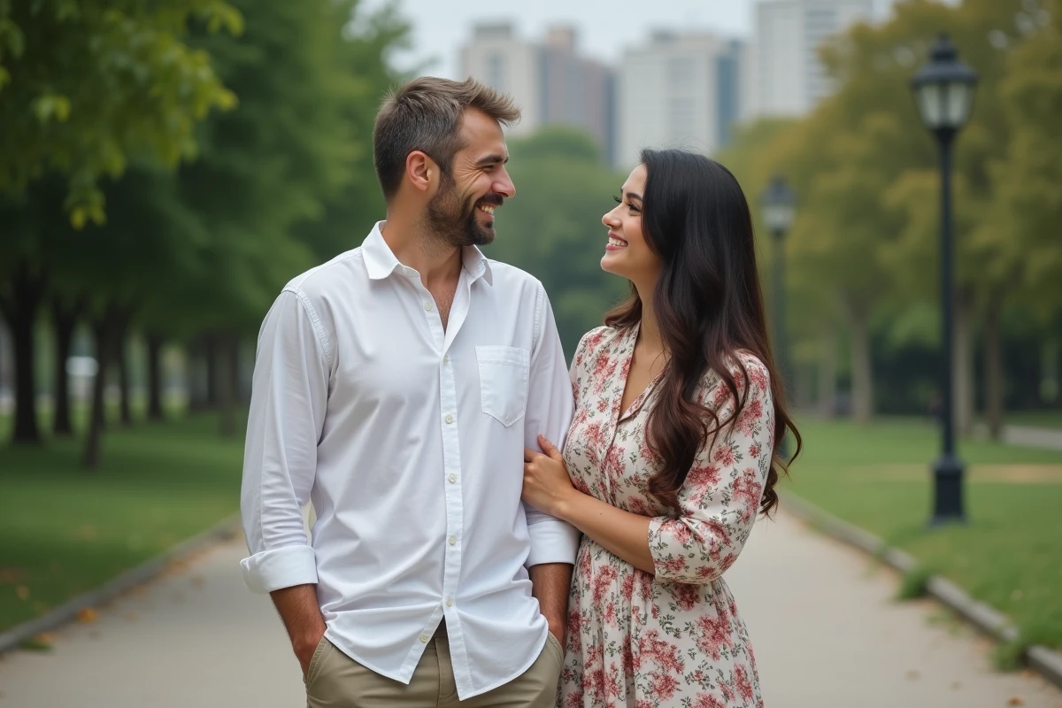 Couple souriant dans un parc urbain, symbolisant la vie de couple ordinaire face à la fascination du public pour les unions des personnalités