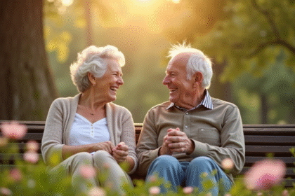 Couple âgé riant sur un banc dans un parc en fleurs