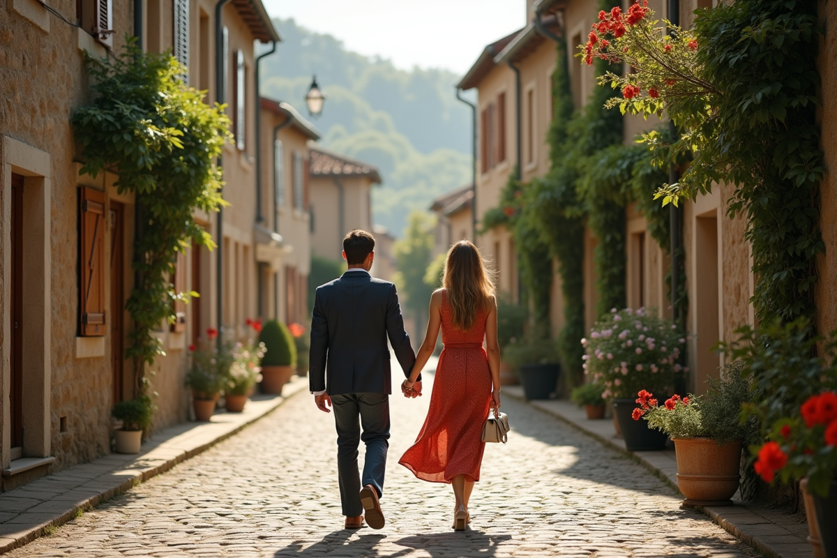 Couple main dans la main dans un village français pittoresque