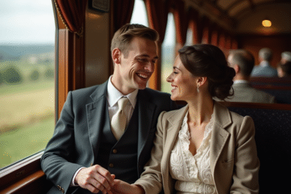 Jeune couple en voyage en train vintage au début du 20e siècle