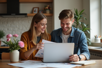 Jeune couple en voyage discutant à la maison