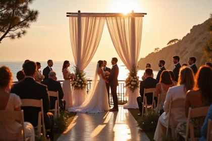 Cérémonie de mariage en extérieur sur une falaise au coucher du soleil