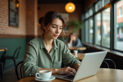 Femme consultant son ordinateur portable dans un café, illustrant la curiosité envers la vie privée des célébrités sur internet
