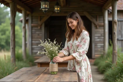 Femme arrangeant une décoration champêtre rustique avec des fleurs sauvages dans un bocal en verre sur une table en bois pour un mariage économique
