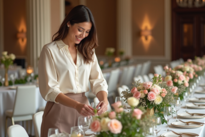 Décoratrice florale en action lors d'un événement élégant