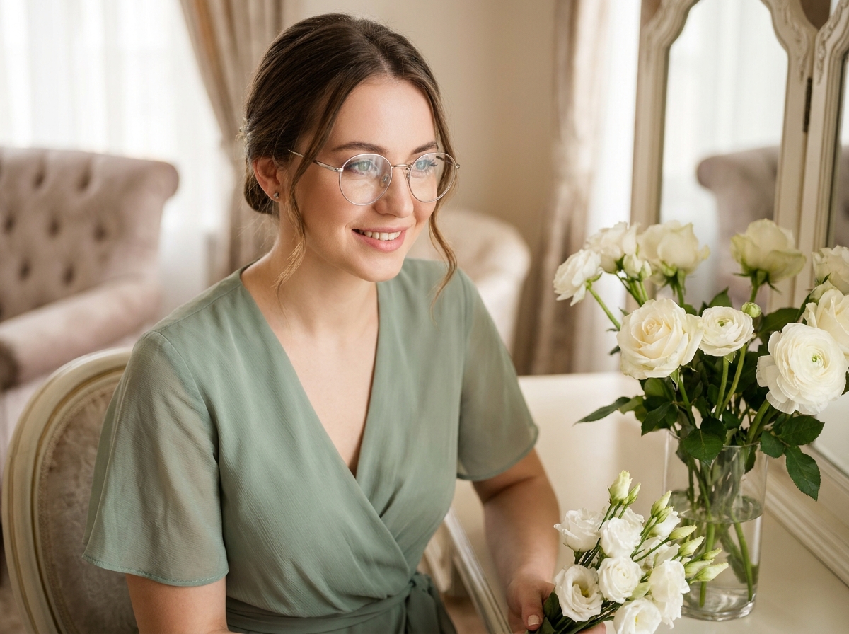 Demoiselle d'honneur en robe vert sauge portant des lunettes rondes à monture argentée dans une suite nuptiale élégante