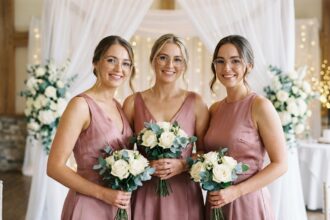 Trois demoiselles d'honneur en robes satin rose coordonnées portant des lunettes à monture dorée assortie à leur tenue de mariage
