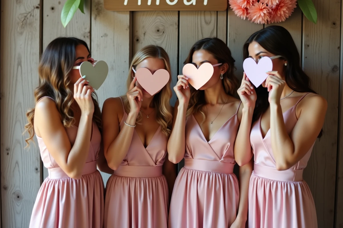 Groupe de demoiselles d'honneur avec des lunettes cœur colorées devant un photobooth de mariage rustique