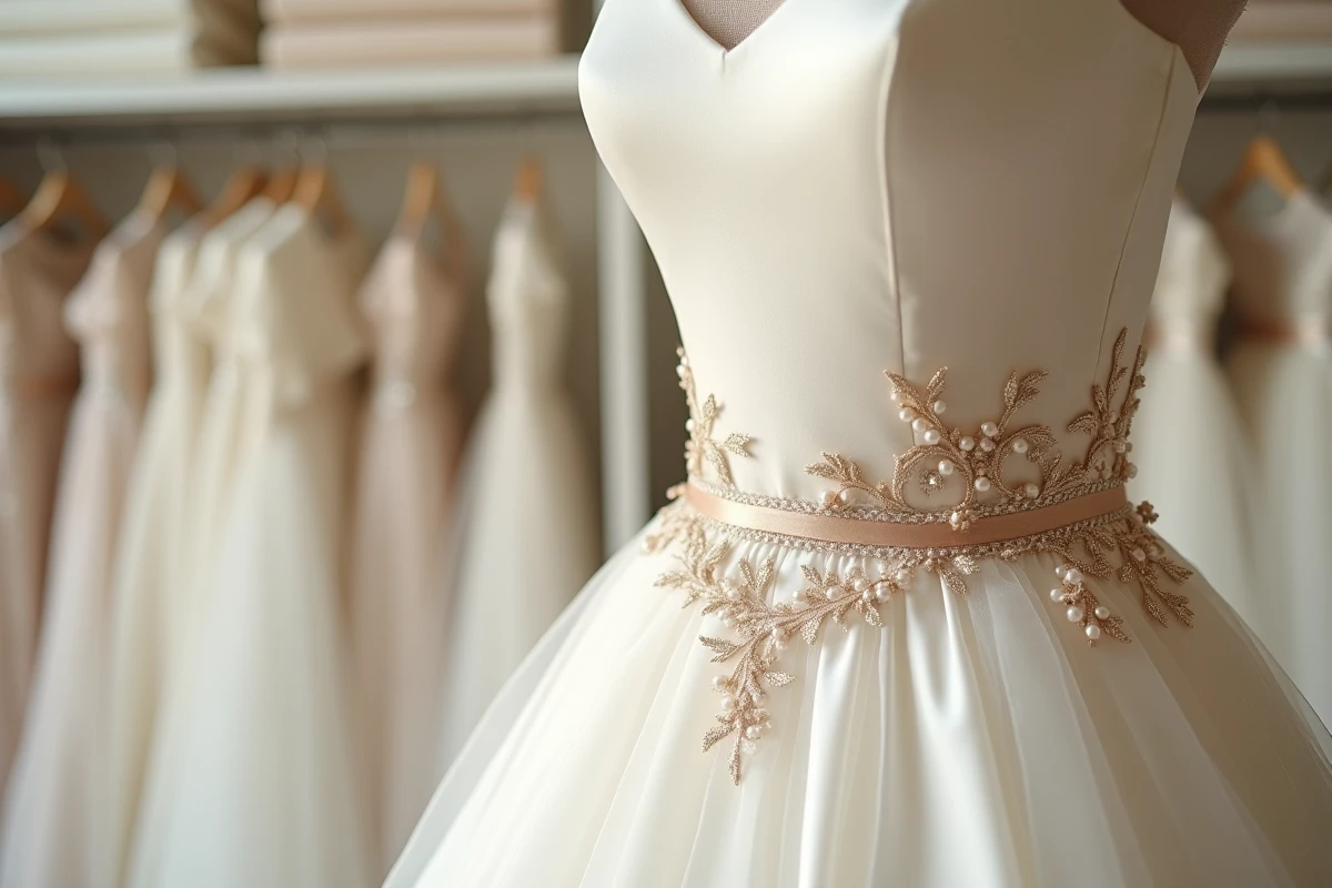 Détail broderie perles et ruban satiné de la ceinture empire d'une robe de mariée de luxe sur mannequin couture