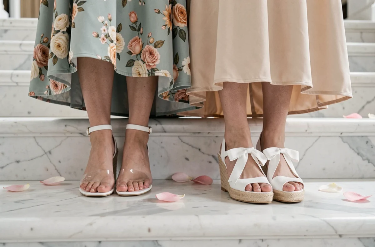 Gros plan sur deux paires de chaussures blanches d'invitées de mariage sur des marches en marbre blanc, sandales à brides transparentes et espadrilles compensées à rubans
