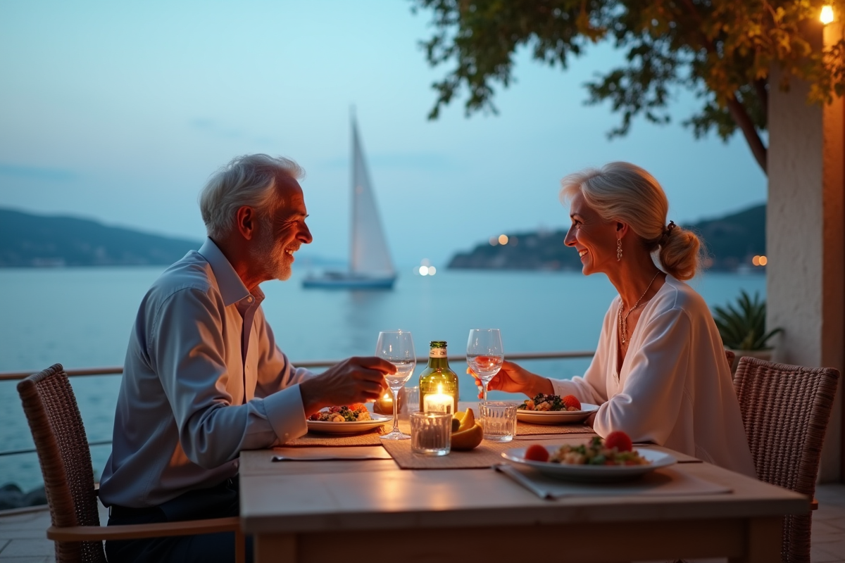Couple âgé profitant d un dîner au bord de mer