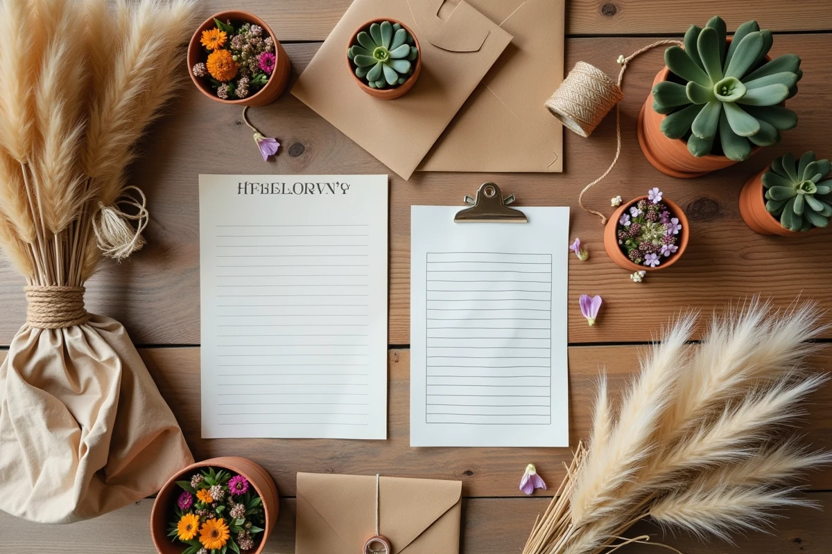 Vue aérienne de matériaux de décoration DIY pour un mariage champêtre rustique à petit budget incluant fleurs séchées et accessoires en papier kraft