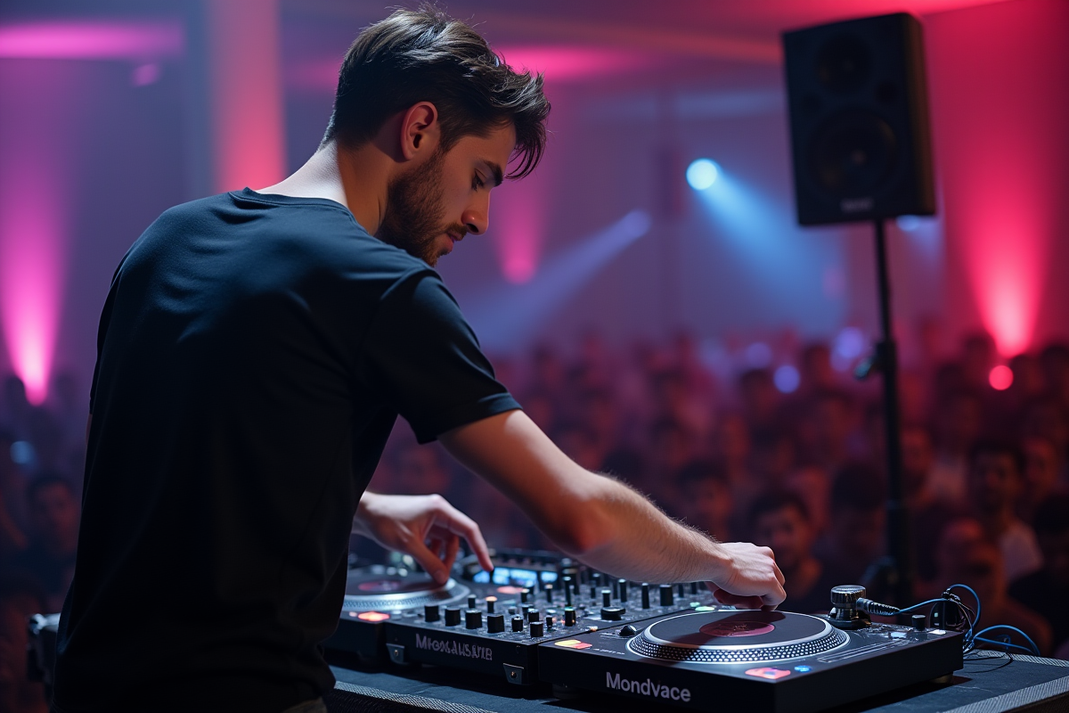 Jeune DJ homme en action lors d'une soirée en intérieur