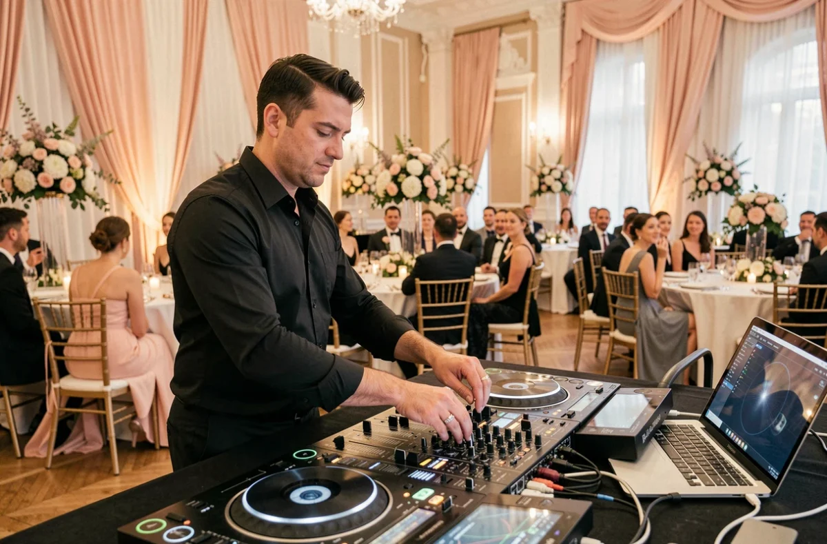 DJ professionnel préparant la musique d'entrée salle mariage sur sa console dans un grand salon de réception élégant