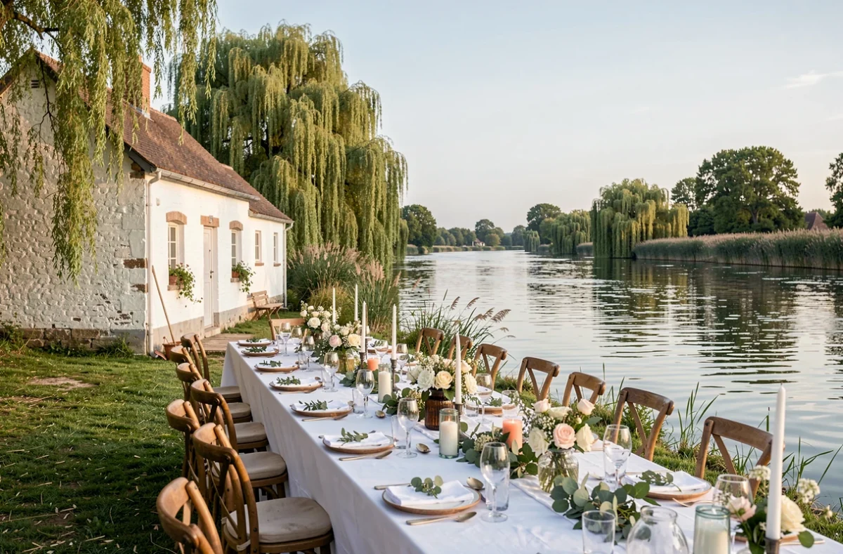 Le Domaine des 3 Rivages, un domaine au bord de l'eau en Anjou avec des tables de réception dressées le long de la rivière