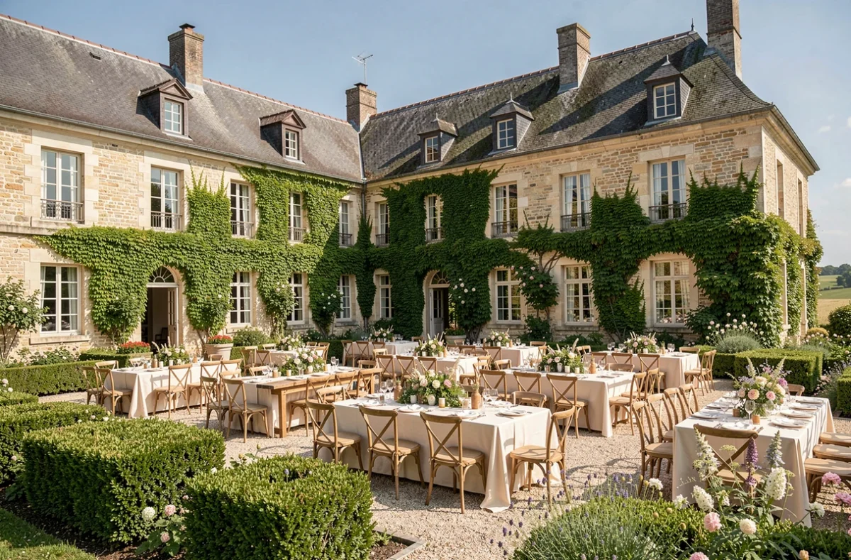 Le Domaine du Marchais Bouchet, un manoir en pierre avec une cour fleurie aménagée pour un banquet de mariage en Maine-et-Loire