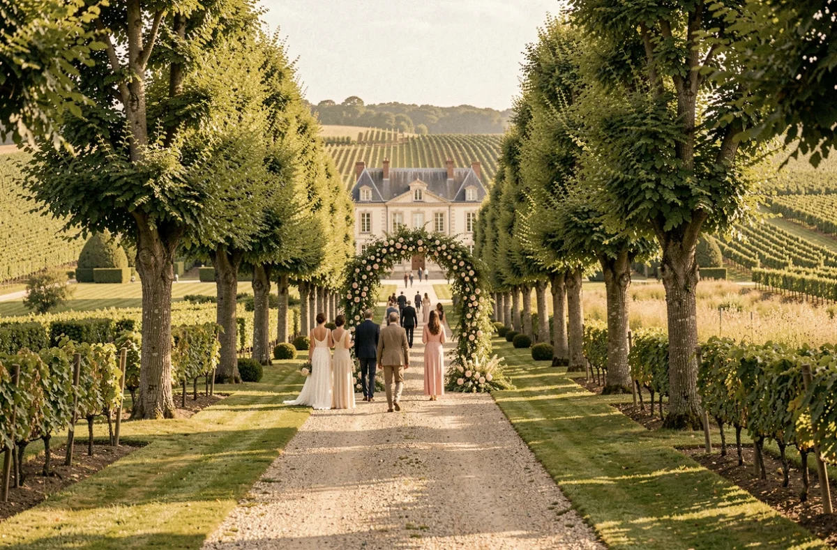 Le Domaine du Plessis-Chivré, un manoir de campagne avec une allée arborée et des vignobles en arrière-plan pour un mariage en plein air